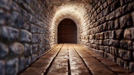 Obraz premium Dark and Mysterious Stone Tunnel with Wooden Door and Soft Lighting Effects in an Ancient Setting