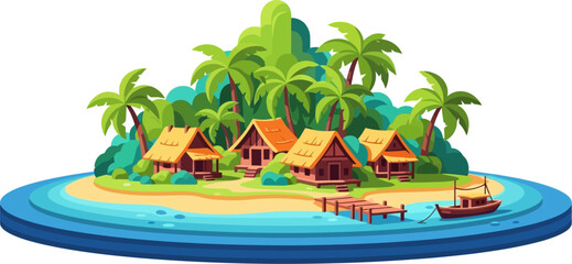 Fototapeta premium Traditional island village with huts and a boat docked at the pier