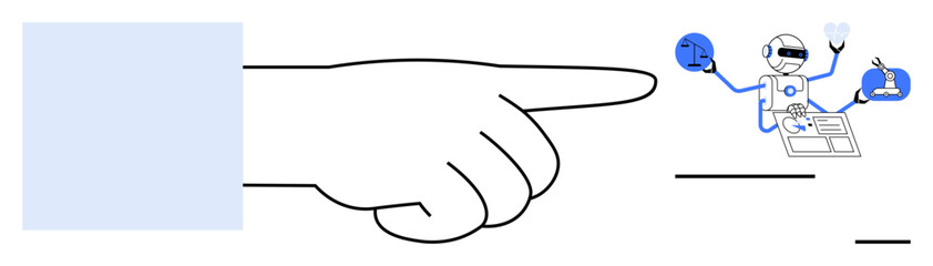 Automation, AI concepts, task management, robotics, decision-making, technology advancements. A robotic figure multitasking with digital elements, guided by a pointing hand. Automation and AI