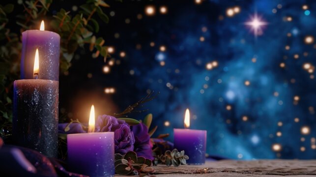 Elegant purple candles with glowing lights against a stunning cosmic backdrop creating a serene and mystical atmosphere
