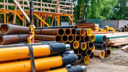 Colorful Construction Materials Stacked on Site with Wooden Structure in Background for Building Projects