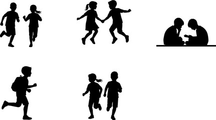 Kids running and playing silhouette set, children activity collection isolated on white background, childhood lifestyle illustration for education design