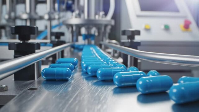 Automated production line of blue capsule pills in pharmaceutical manufacturing facility, close-up shot