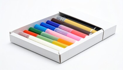 Naklejka premium Angled shot of a white box containing a row of colorful felt-tip pens