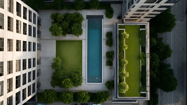 Overhead perspective of a sleek modern urban courtyard featuring a long swimming pool manicured green lawns and contemporary building facades