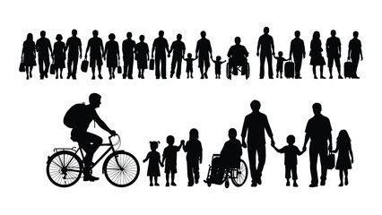 A group of people in silhouette walking and riding a bicycle