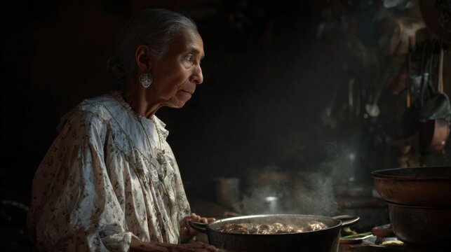 Elderly woman sitting in a kitchen, cooking in a large pot. she is wearing a white blouse with a floral pattern and has a pair of earrings on her ears.