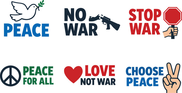 Anti war and peace protest symbol set including stop war hand sign, no war rifle prohibition symbol, peace sign, dove with olive branch, choose peace heart symbol and end war explosion icon. Flat vect