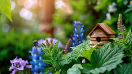 Fototapeta premium Beautiful Hummingbird Near Wooden Birdhouse Surrounded by Colorful Blossoms in Lush Green Garden Setting