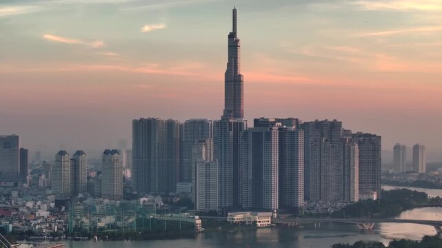 Landmark 81 in Ho Chi Minh City in Vietnam Aerial Sunrise View. Saigon Skyline with Skyscrapers. Business center in Asia