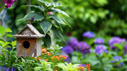 Fototapeta premium Charming Wooden Birdhouse Surrounded by Colorful Flowers in Lush Green Garden Setting