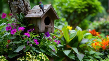 Fototapeta premium Charming Birdhouse Surrounded by Vibrant Flowers and Lush Greenery in a Serene Garden Setting