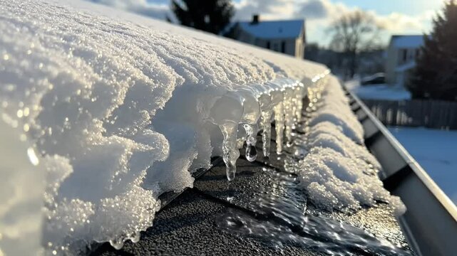 Melting snow and dripping icicles on a roof gutter during winter with a blurred neighborhood background