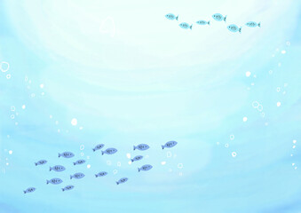 School of fish underwater background, cute ocean watercolor illustration