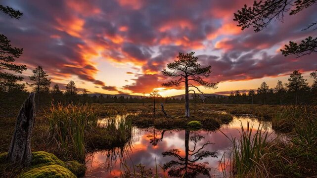 Time lapse captures the vibrant sunset over a tranquil swamp lake, reflecting trees and sky in a serene nature scene