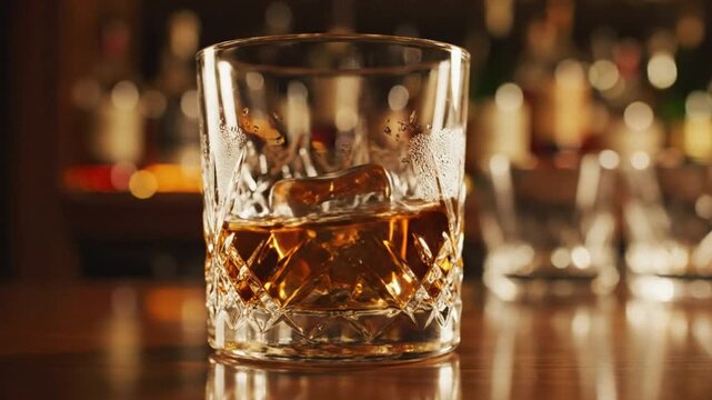 Close-up shot of an elegant whiskey glass with ice resting on a wooden bar top at a dimly lit bar