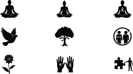 Black and white icons representing wellness and harmony