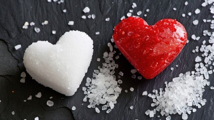 Fototapeta premium White and Red Sugar Hearts on Dark Slate Surface with Granulated Sugar Surrounding Them