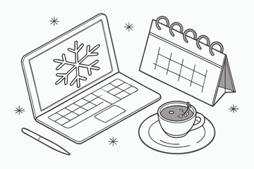 A laptop with a snowflake on the screen next to a calendar and coffee