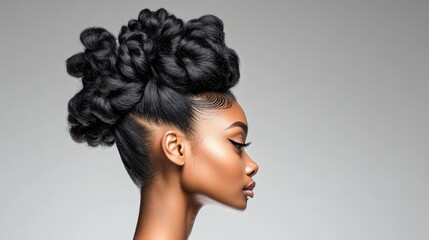 Fototapeta premium Woman with dark braided hair styled high on her head, profile view, against a neutral gray background.