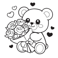Naklejka premium Cute bear holding rose bouquet surrounded by hearts, cheerful and loving cartoon illustration