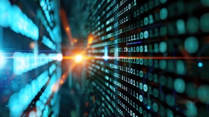 Obraz premium Abstract Digital Data Stream with Binary Code and Glowing Light Effects in a Futuristic Environment
