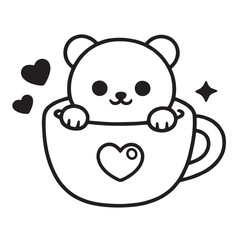 Fototapeta premium Cute bear cup heart cartoon kawaii black and white outline adorable simple playful