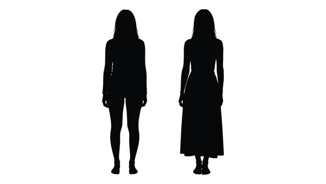 Two silhouetted women standing facing forward one in a dress and one in a jacket
