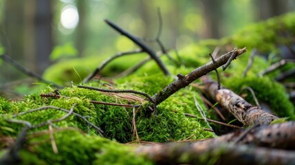 Close-Up of Vibrant Green Moss and Twigs on Forest Floor Surrounded by Soft Natural Light and Tree Bark