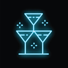 Bright turquoise neon sign of a pyramid of martini glasses glowing on a black background