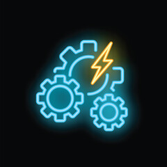 Obraz premium Neon sign depicting gears and a lightning bolt, symbolizing the concept of powering innovation and creative energy