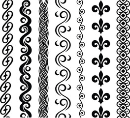 Set of seven different decorative ornamental vertical borders or dividers, various abstract scroll patterns. © Munna_SH