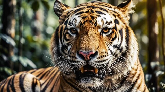 Majestic Sumatran Tiger Resting in the Jungle with Intense Gaze and Open Mouth, Closeup Portrait