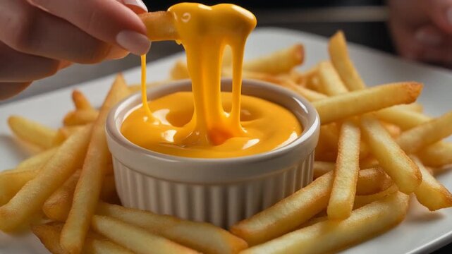 Hand Dipping Golden French Fry into Gooey Yellow Cheese Sauce