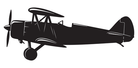 A black silhouette of a vintage biplane against a white background © THE VECTOR STATION 