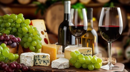 Obraz premium Elegant Wine and Cheese Arrangement with Fresh Grapes and Assorted Cheeses on a Wooden Table