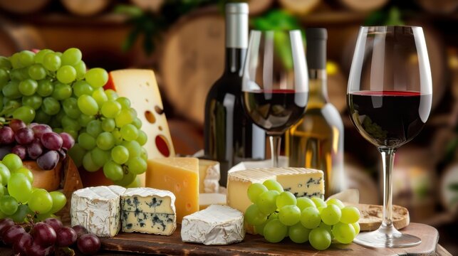 Elegant Wine and Cheese Arrangement with Fresh Grapes and Assorted Cheeses on a Wooden Table