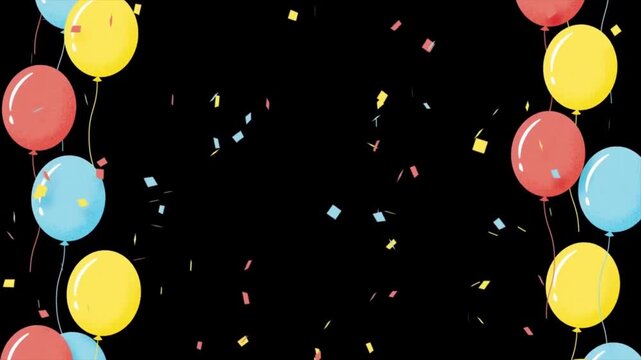 Colorful balloon and confetti celebration frame animation on black background, Festive party border with floating balloons and falling confetti for birthday event greeting video