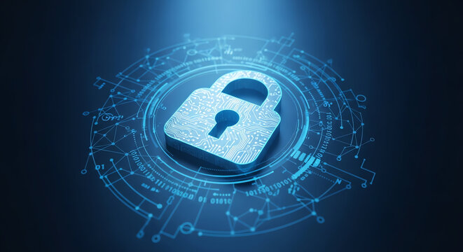 Digital Security and Data Protection Concept with Lock Icon and Circuitry Background.