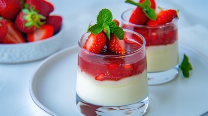 Creamy Strawberry Dessert with Fresh Fruits and Mint Garnish in Elegant Glasses