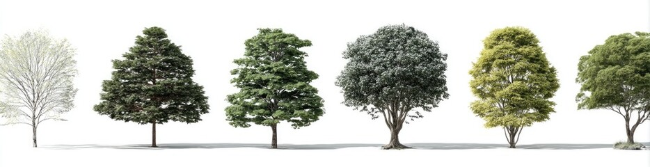 Obraz premium A series of six different tree illustrations, isolated on a white background, variety of species