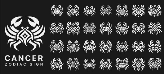Cancer zodiac sign ethnic icons set, monochrome crab symbols with ancient tribal ornaments © serdjo13