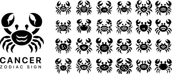 Cancer zodiac sign decorative silhouette icons, elegant crab astrology symbols with fluid shapes