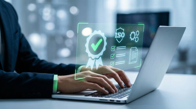 corporate professional types on laptop. ISO quality certification and compliance icons, document checklists conveying verification, standards, audit readiness and digital quality management assurance