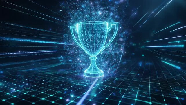 Glowing digital trophy cup with futuristic neon lights and circuit board background