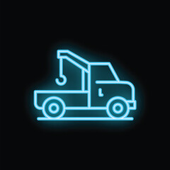 Fototapeta premium Blue neon sign is glowing against a black background, illustrating a tow truck