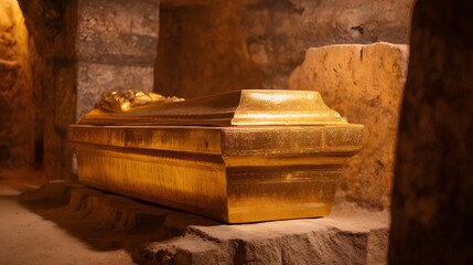 Ancient Tomb's Golden Coffin Reflecting Warm Torchlight A Cinematic Archaeological Discovery