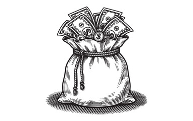 Vintage Engraving of an Overflows Canvas Money Bag Full of Cash © trianatio