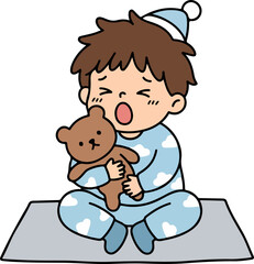 Cute sleepy boy yawning tired emotion cartoon character illustration