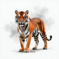 Obraz premium Majestic Tiger Standing Alert Against Soft Smoke Background, Realistic Wildlife Animal Illustration for Nature Conservation or Adventure Themes